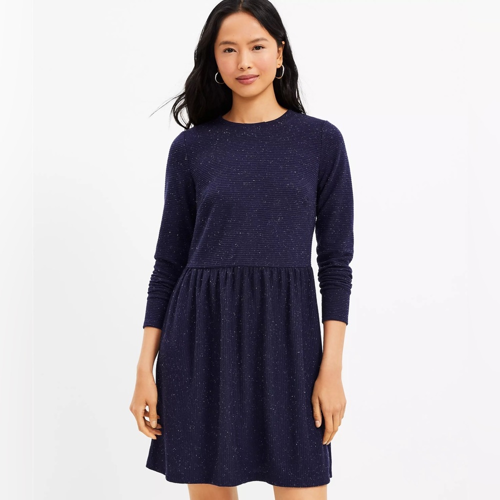 LOFT Flecked Button Back Swing Dress Size Medium in Navy